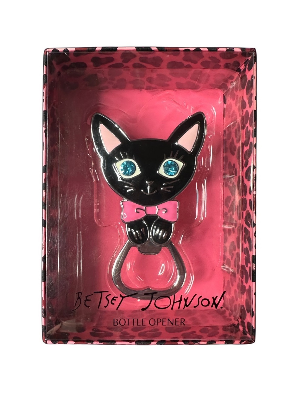 Betsey Johnson Black Cat Bottle Opener with Pink Bow and Blue Eyes